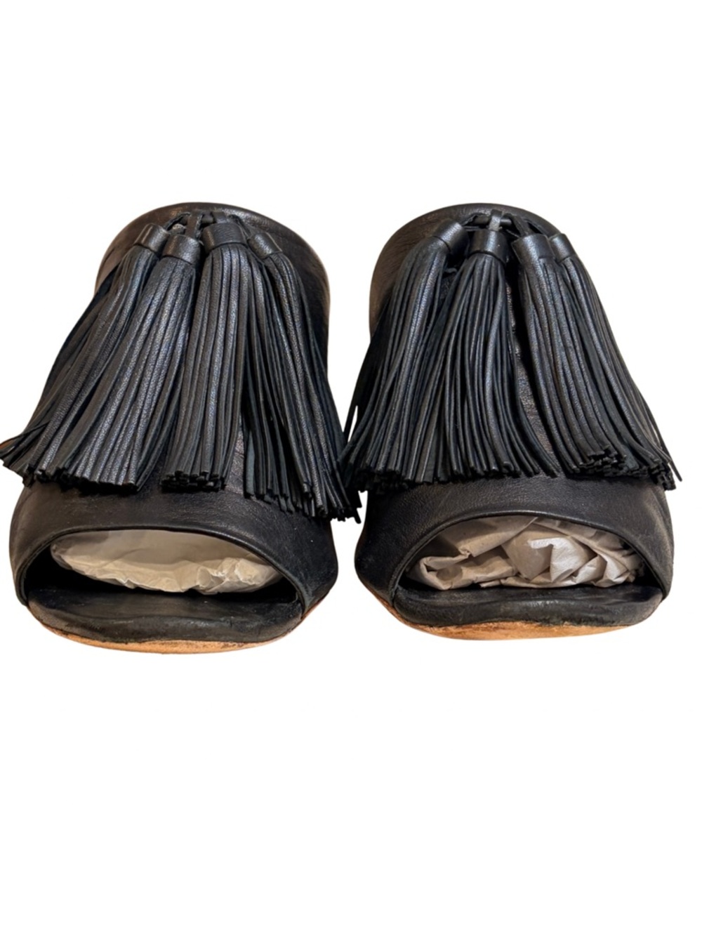 LOEFFLER RANDALL Cleo Black Tassel Leather Block Heel Sandal Mules + Box - Picture 10 of 16